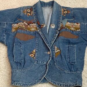 Designs Limited Denim Aztec Southwestern Cowboy Jean Jacket OVERSIZED SMALL